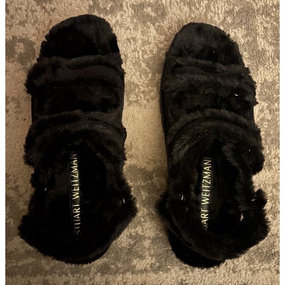 Stuart Weitzman Zoe Lift Chill Sandal - Suede/Faux Fur - Blk 12 B Black - Picture 1 of 6